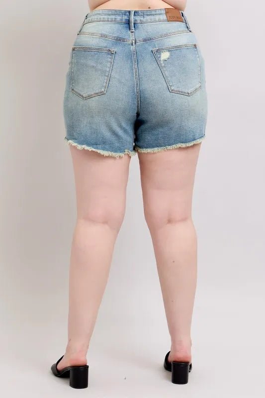 Judy Blue Full Size High Rise Washed Fly Stitch Detail and Destroy Denim Shorts Plus Size - JUST - JEN BOUTIQUE