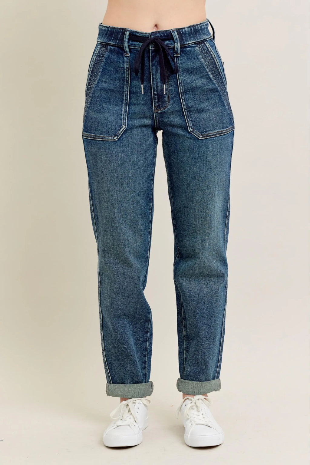 Judy Blue Full Size HW Vintage Wash Jeans w/ Drawstring Plus Size - JUST - JEN BOUTIQUE