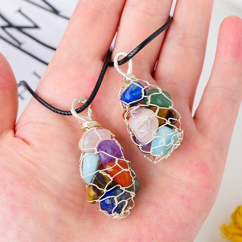 Natural Crystal Crushed Stone Rolling Stone Mesh Pendant Colorful Stone Handmade Copper Wire Wrapped Pendant Necklace Pendant - JUST - JEN BOUTIQUE