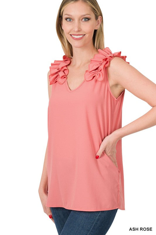 Woven Wool Dobby Ruffle Trim Sleeveless Top