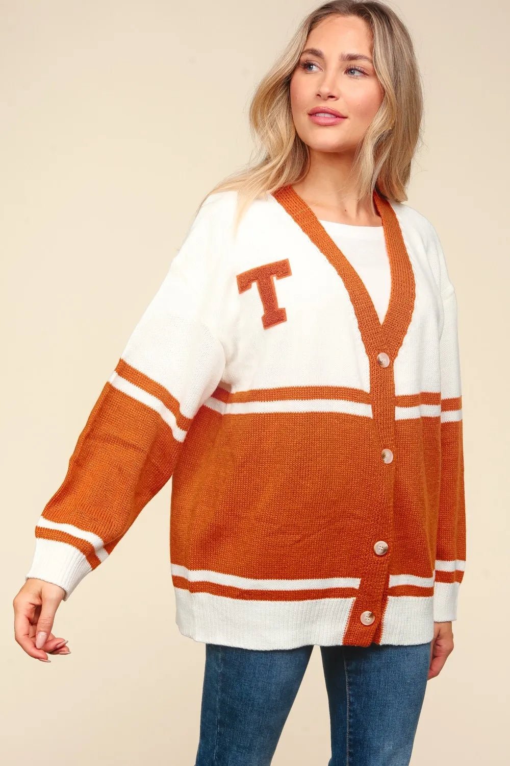 Haptics Full Size V Neck Button Down Letter Patch Cardigan - JUST - JEN BOUTIQUE