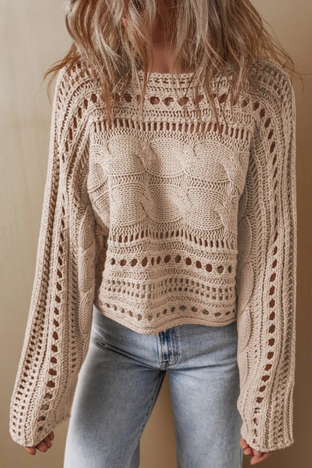 Cable - Knit Openwork Long Sleeve Sweater - JUST - JEN BOUTIQUE