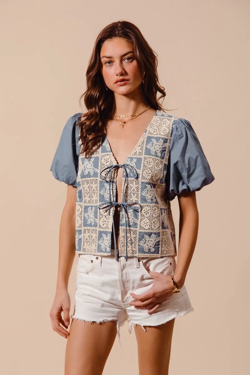 SO ME Crochet Lace Tie Front V Neck Blouse Top - JUST - JEN BOUTIQUE