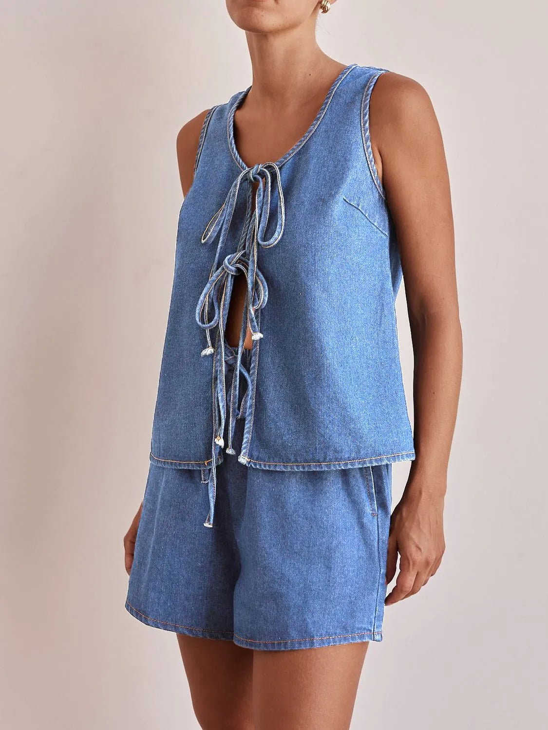 Tie Front Vest and Shorts Denim Set - JUST - JEN BOUTIQUE