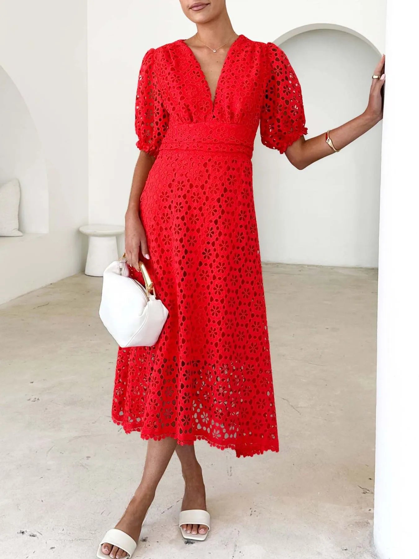 Eyelet Lace V - Neck Midi Dress with Puff Sleeves - JUST - JEN BOUTIQUE
