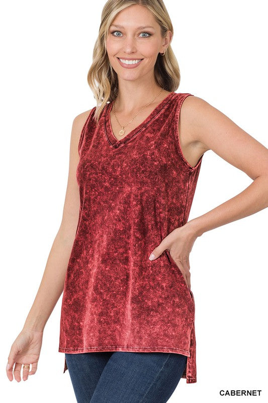 Mineral Wash Sleeveless V-Neck Top With Side Slit