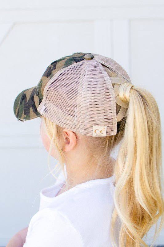 Girls CC Criss - Cross Ponytail Caps - Camo - JUST - JEN BOUTIQUE