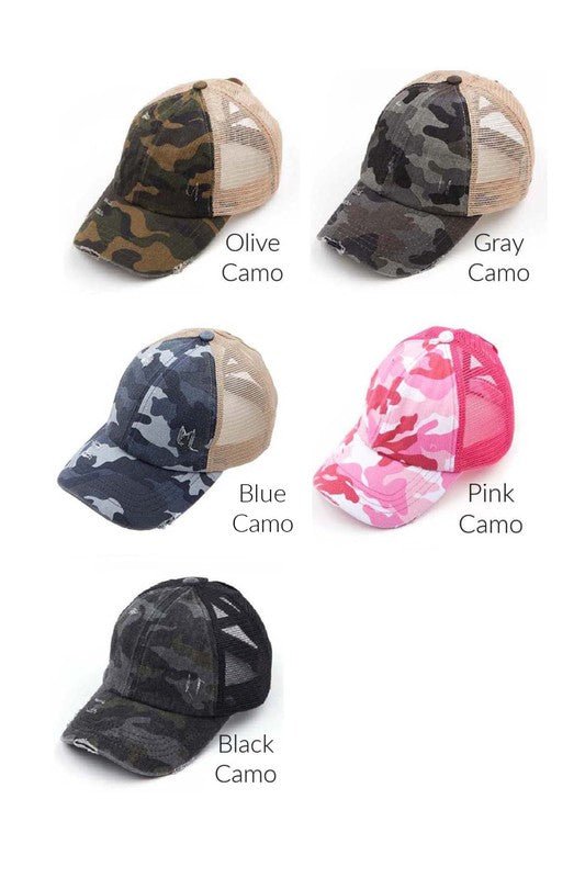 Girls CC Criss - Cross Ponytail Caps - Camo - JUST - JEN BOUTIQUE
