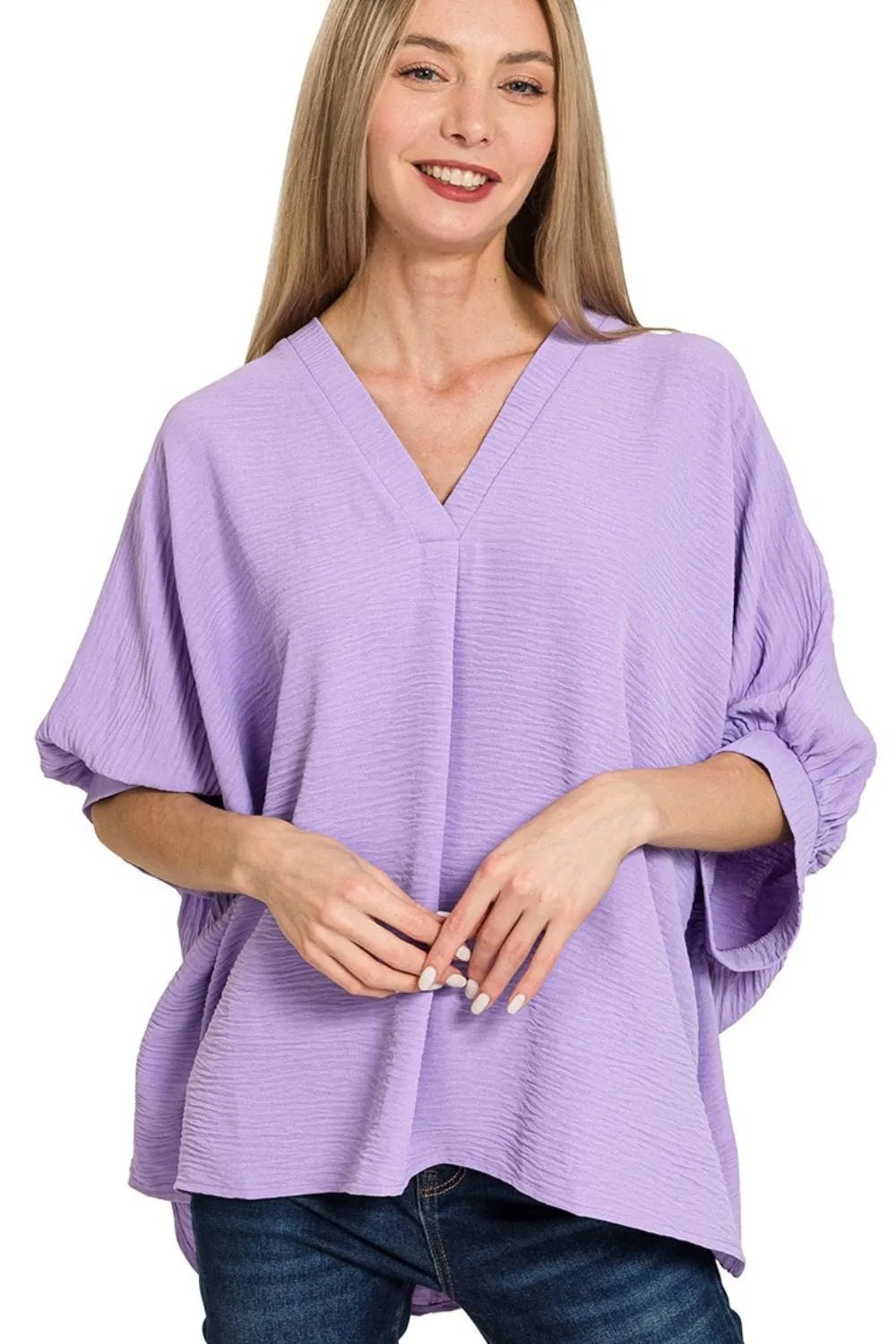 Zenana Woven Airflow V - neck Puff Half Sleeve Top - JUST - JEN BOUTIQUE