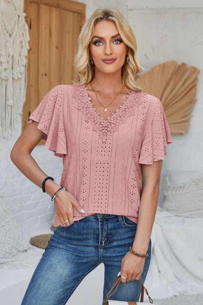 Eyelet Applique V-Neck Cap Sleeve T-Shirt