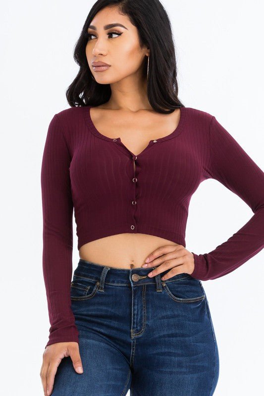 Ribbed Long Sleeve Snap Button Down Crop Top - JUST - JEN BOUTIQUE