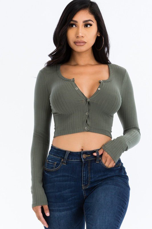 Ribbed Long Sleeve Snap Button Down Crop Top - JUST - JEN BOUTIQUE