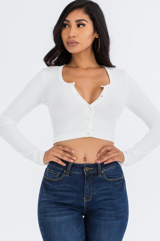 Ribbed Long Sleeve Snap Button Down Crop Top - JUST - JEN BOUTIQUE