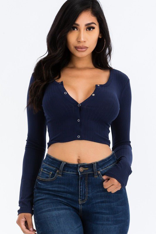 Ribbed Long Sleeve Snap Button Down Crop Top - JUST - JEN BOUTIQUE