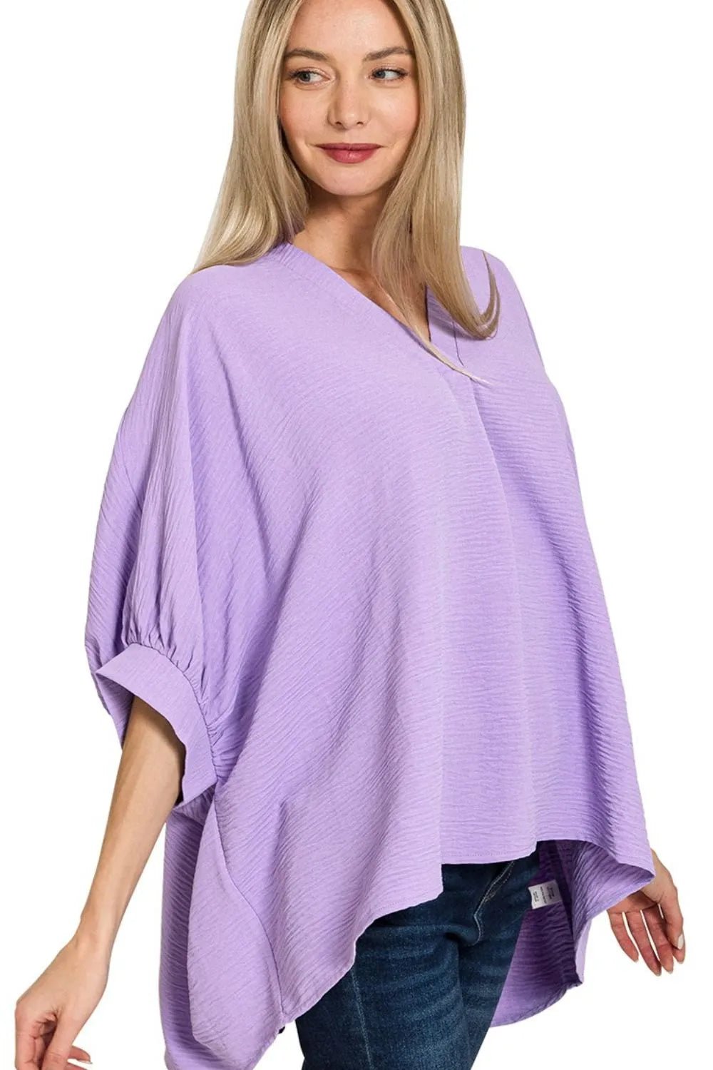 Zenana Woven Airflow V - neck Puff Half Sleeve Top - JUST - JEN BOUTIQUE