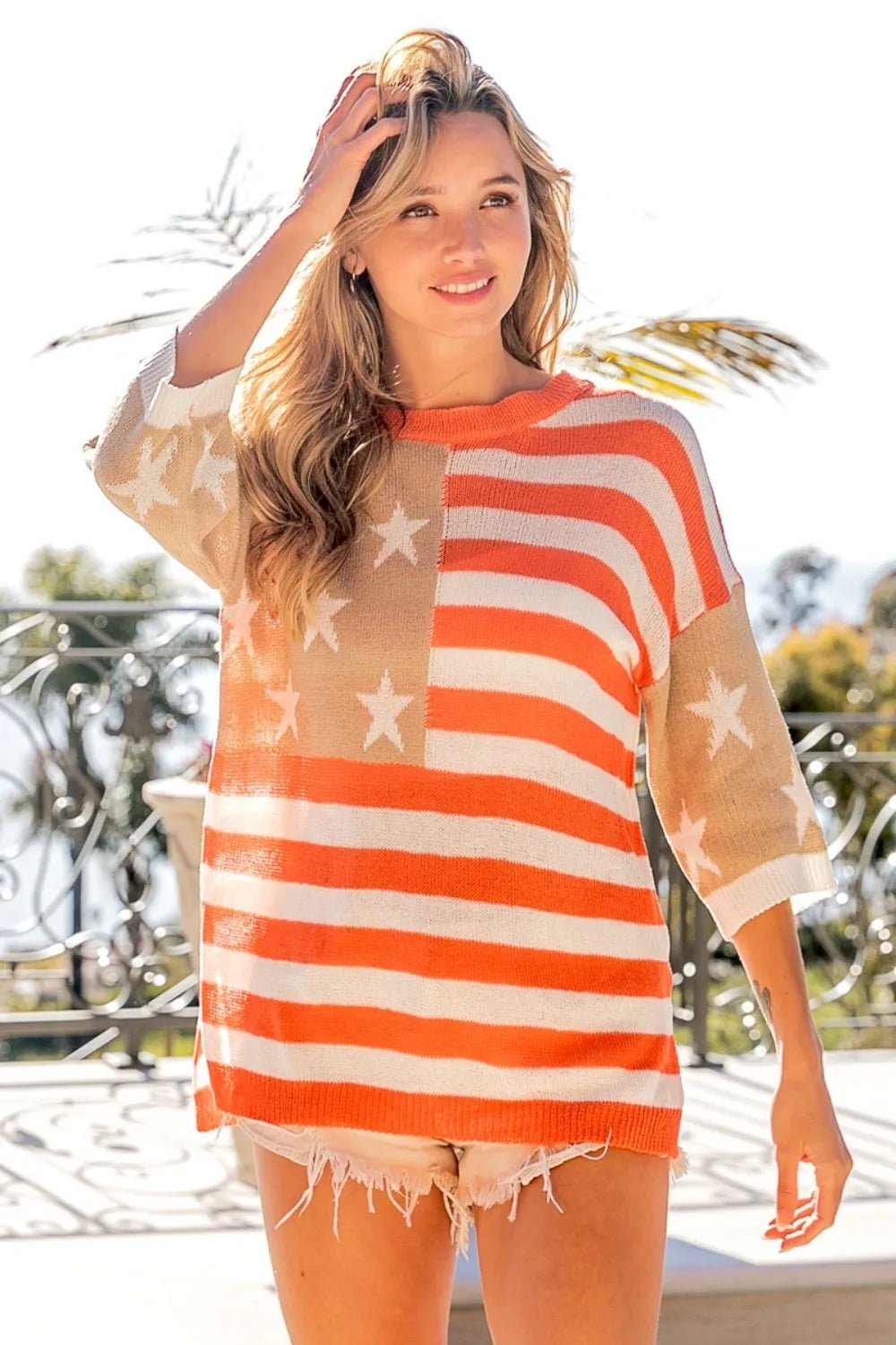 BiBi American Flag Round Neck Knit Top - JUST - JEN BOUTIQUE