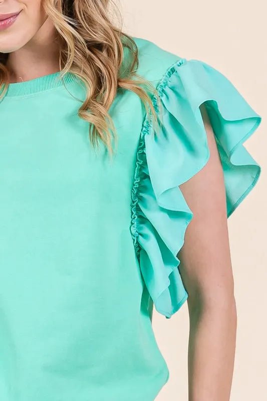Lime 'N' Chili Solid Shoulder Ruffle Detail Round Neck Top - JUST - JEN BOUTIQUE