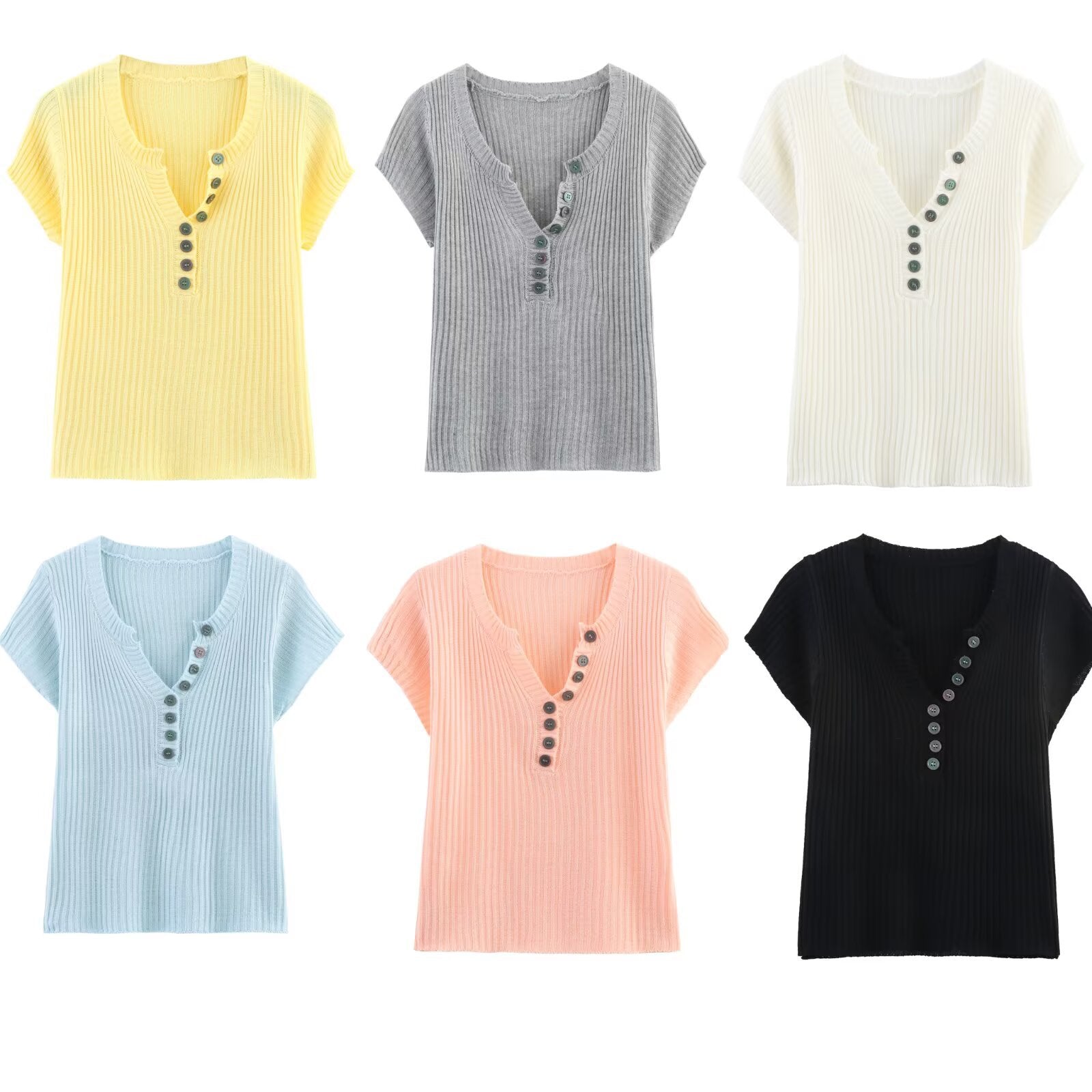 V - neck short sleeved button knit T-shirt top for women - JUST - JEN BOUTIQUE