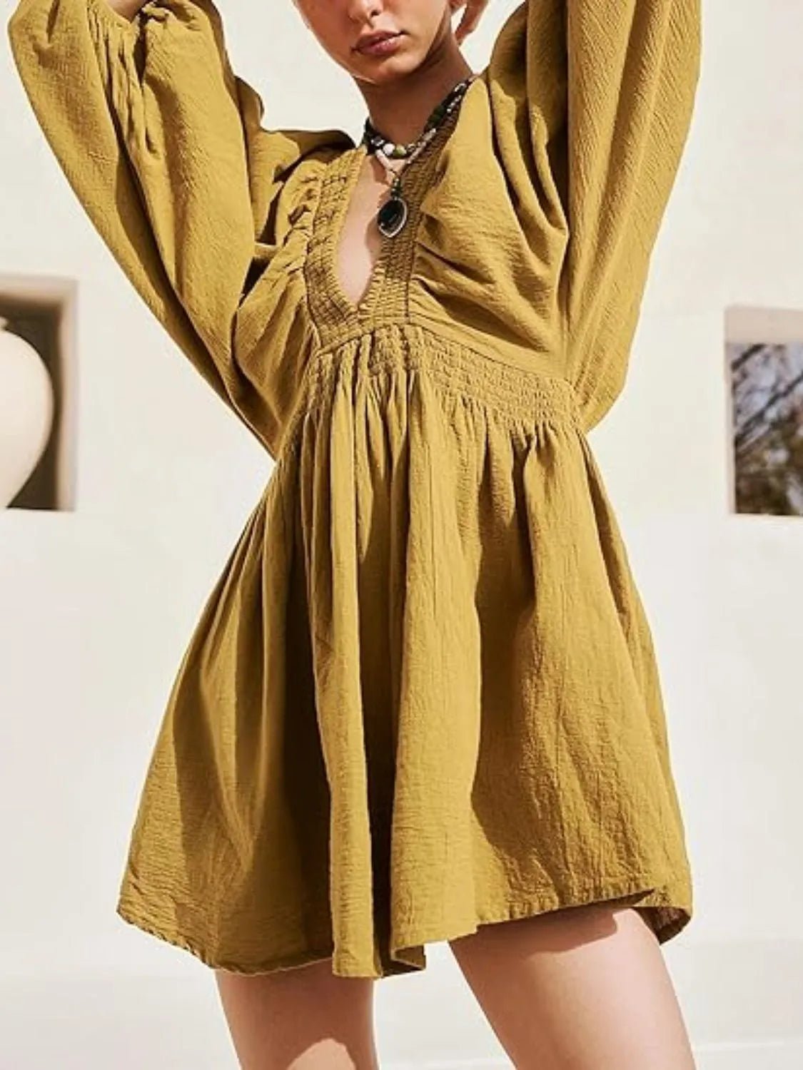 Textured V - Neck Mini Dress - JUST - JEN BOUTIQUE