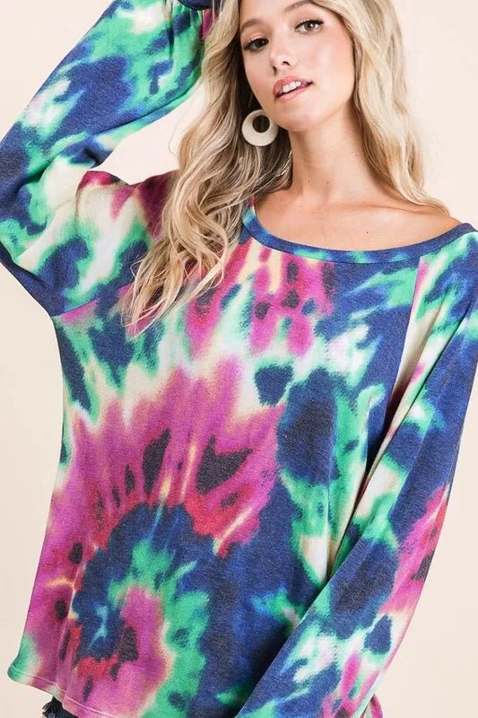 BiBi Tie Dye Print Terry Top with Puff Sleeves - JUST - JEN BOUTIQUE
