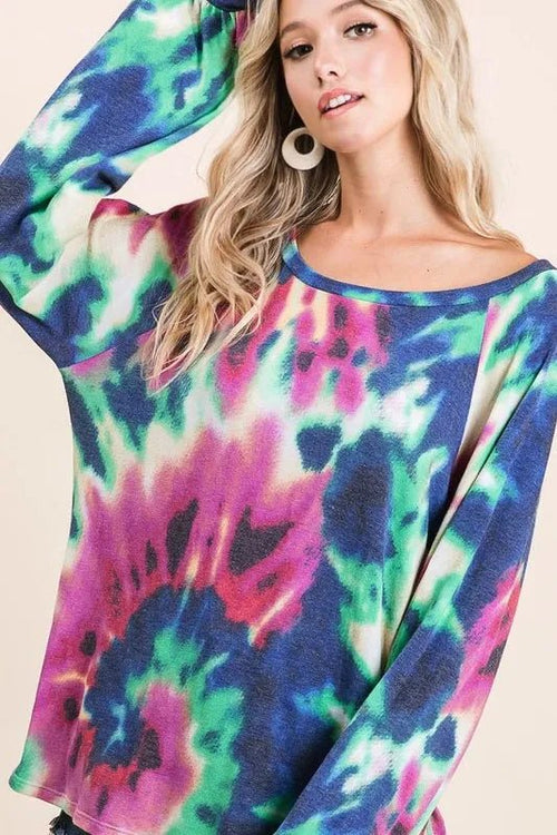 BiBi Tie Dye Print Terry Top with Puff Sleeves - JUST - JEN BOUTIQUE