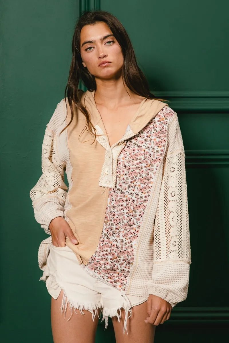 BiBi Slub Jersey with Lace Combo Buttoned Hoodie Top - JUST - JEN BOUTIQUE