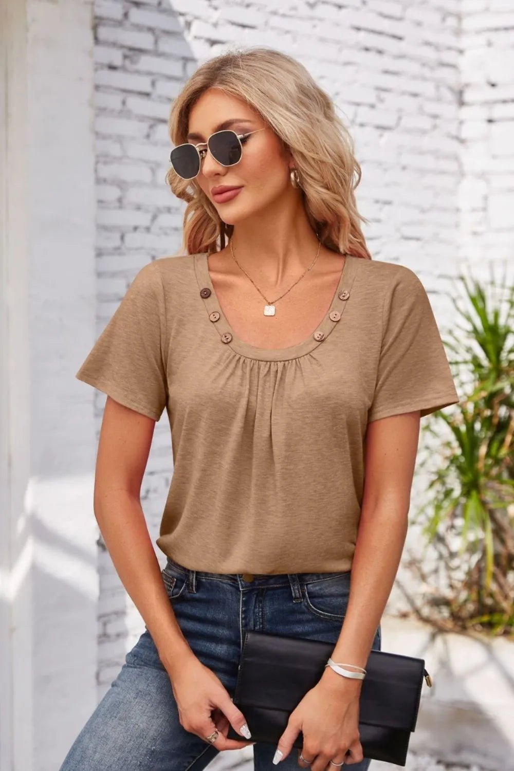 Decorative Button Scoop Neck T-Shirt - JUST - JEN BOUTIQUE