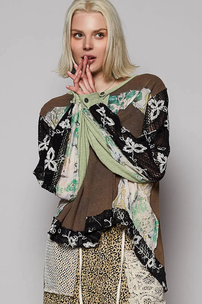 POL Button Detail Floral Patchwork Crochet Sleeve Blouse - JUST - JEN BOUTIQUE