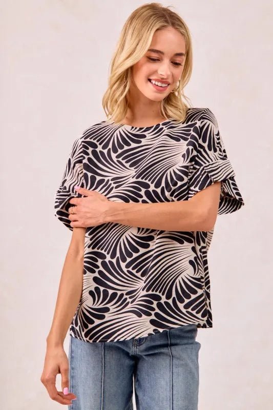 BiBi Print Woven Ruffled Sleeves Top - JUST - JEN BOUTIQUE