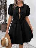 Tie Front Puff Sleeve Mini Dress - JUST - JEN BOUTIQUE