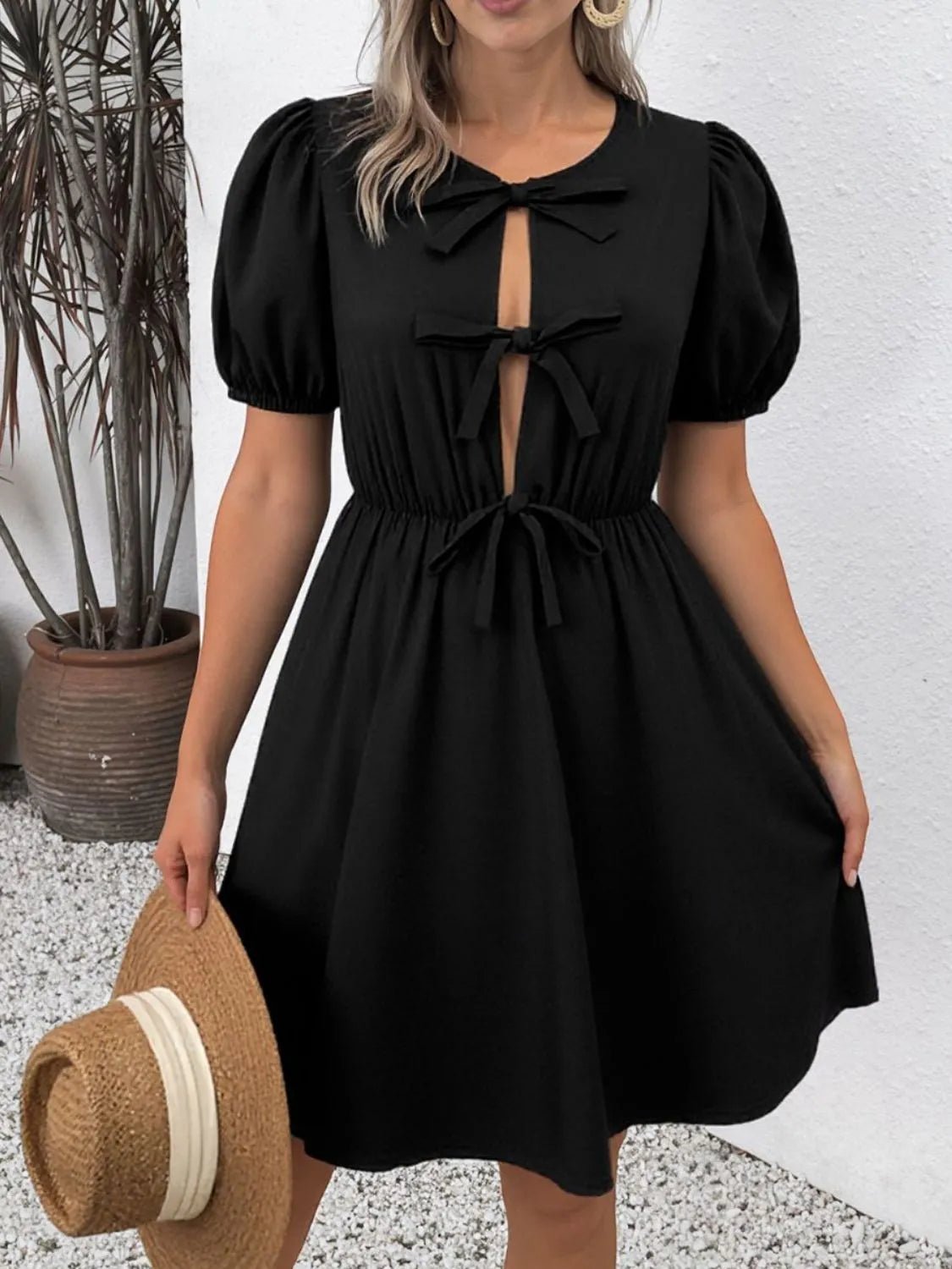 Tie Front Puff Sleeve Mini Dress - JUST - JEN BOUTIQUE