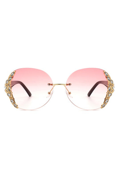 Women Rimless Round Rhinestone Oversize Sunglasses