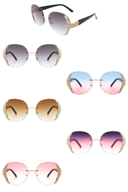 Women Rimless Round Rhinestone Oversize Sunglasses