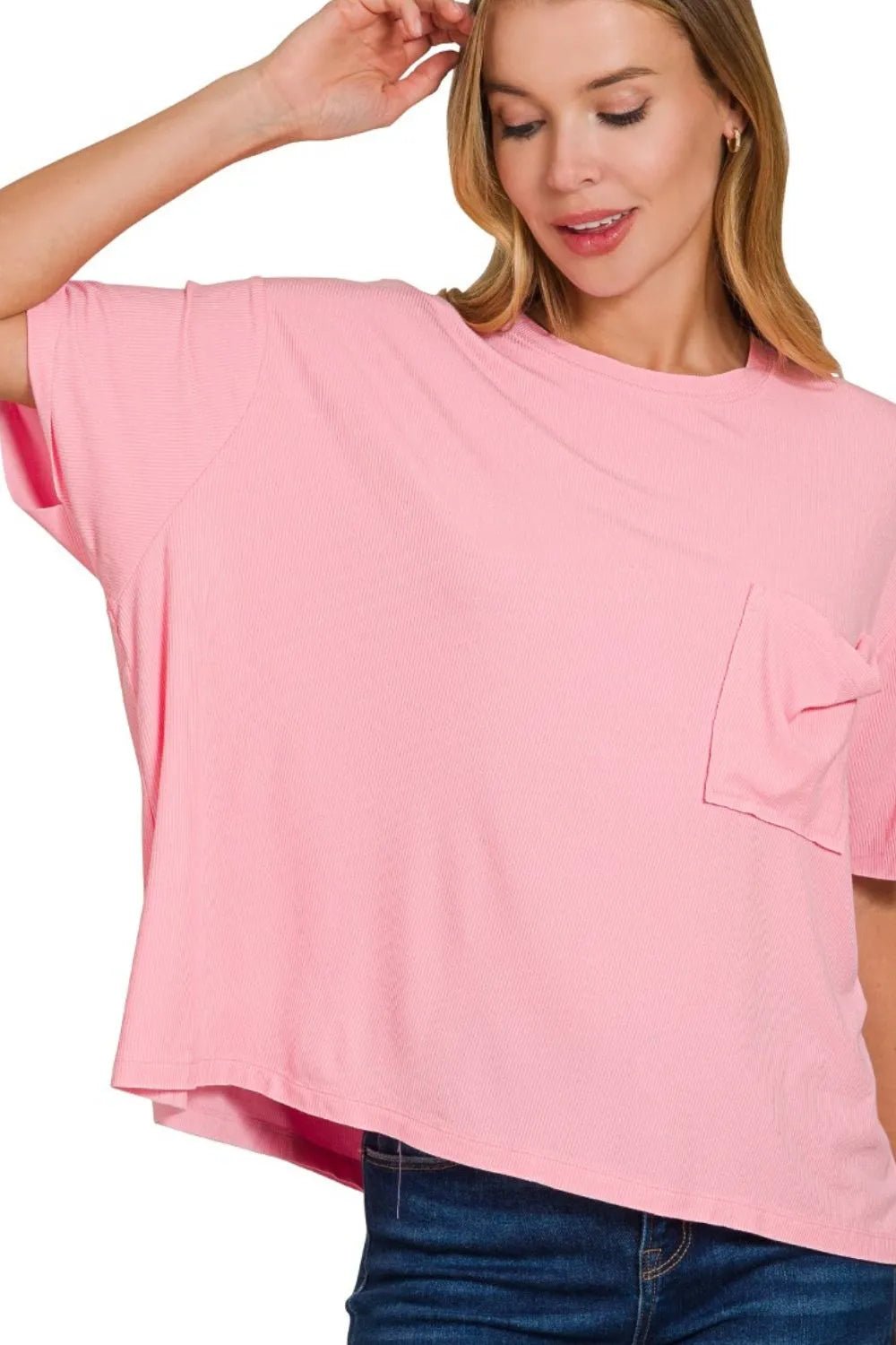 Zenana Oversized Ribbed Round Neck Short Sleeve Tee - JUST - JEN BOUTIQUE
