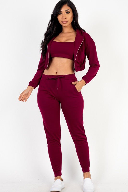 Cropped Cami with Zip - up Jacket and Joggers Set - JUST - JEN BOUTIQUE
