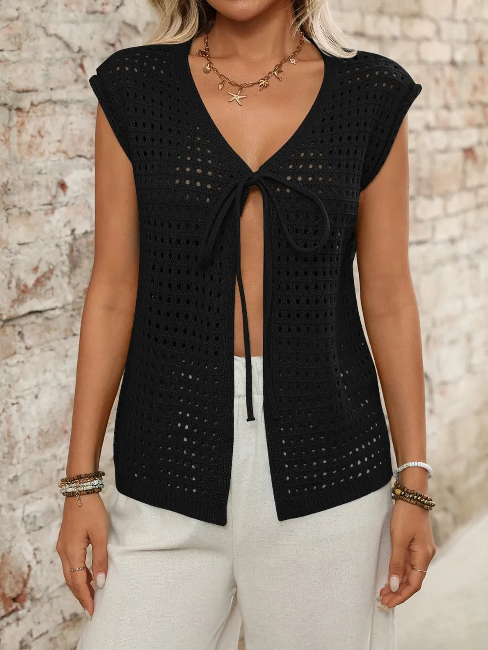Tied Front Openwork V - Neck Knit Top - JUST - JEN BOUTIQUE