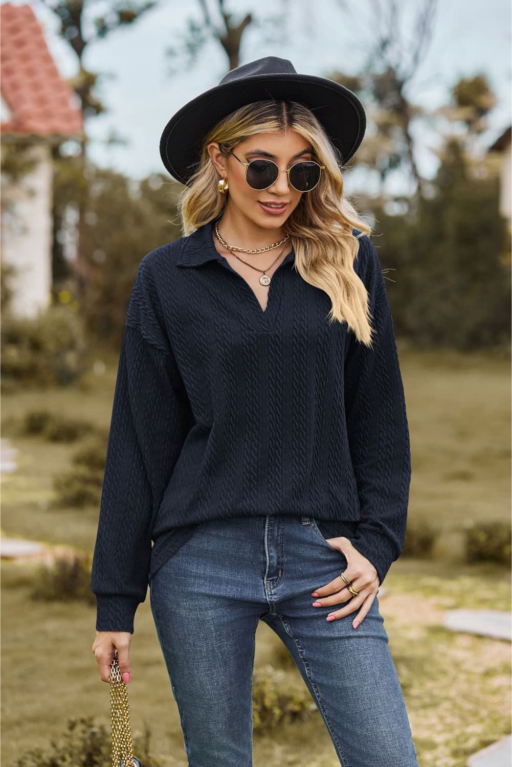 Collared Neck Cable - Knit Long Sleeve Blouse - JUST - JEN BOUTIQUE