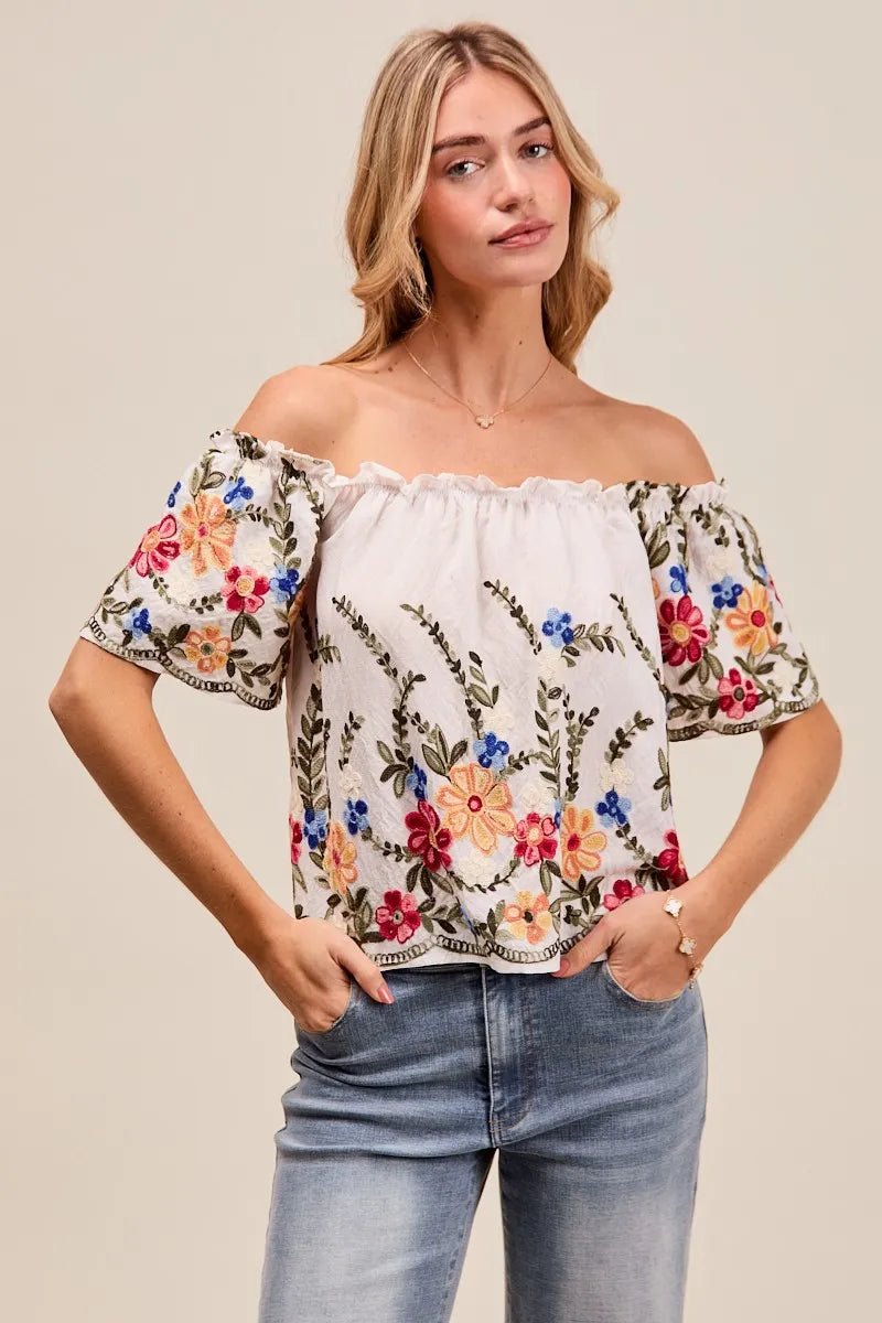 SO ME Floral Embroidered Two Way Off The Shoulder Blouse - JUST - JEN BOUTIQUE