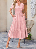Tiered Notched Short Sleeve Dress - JUST - JEN BOUTIQUE