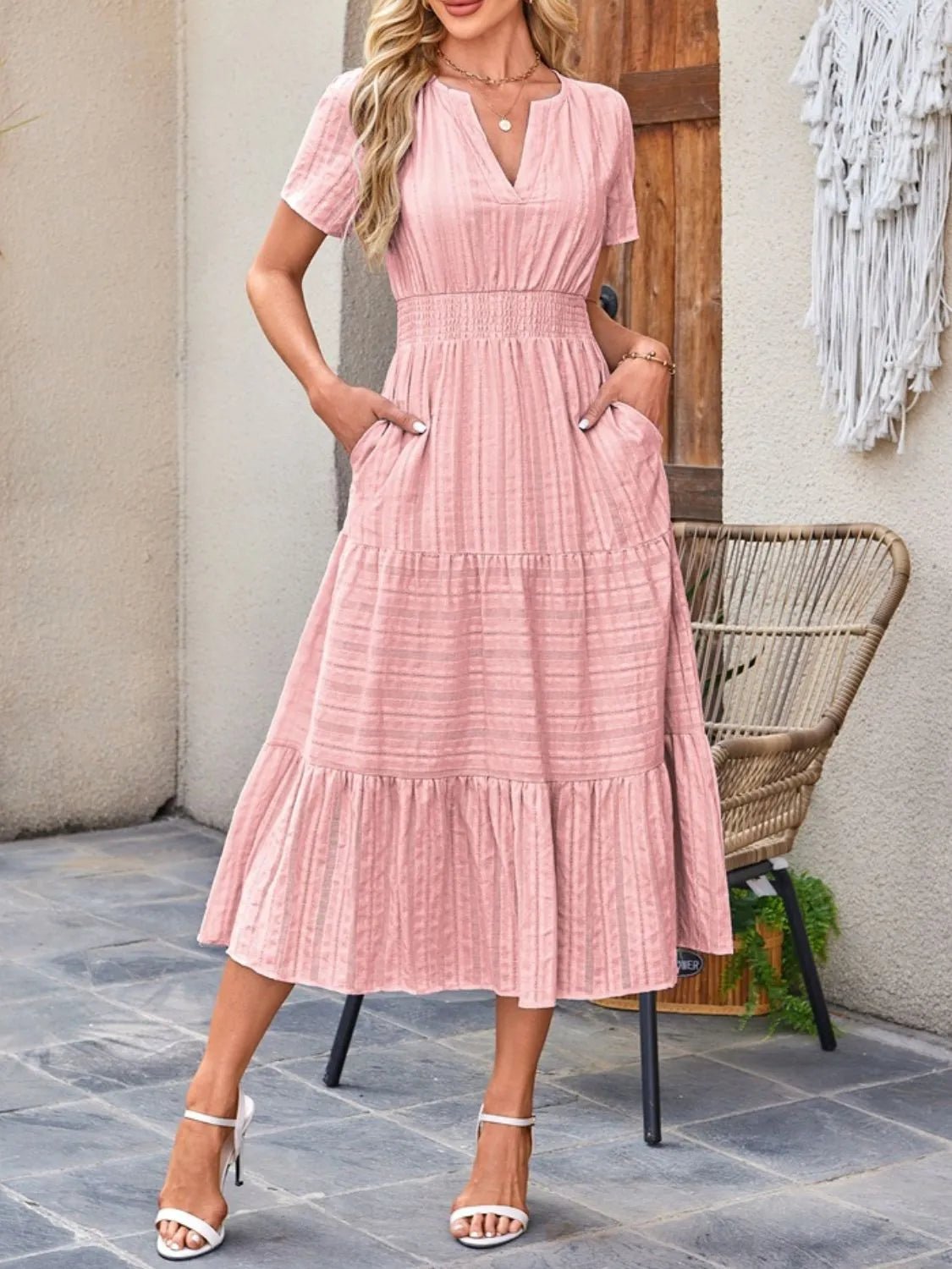 Tiered Notched Short Sleeve Dress - JUST - JEN BOUTIQUE