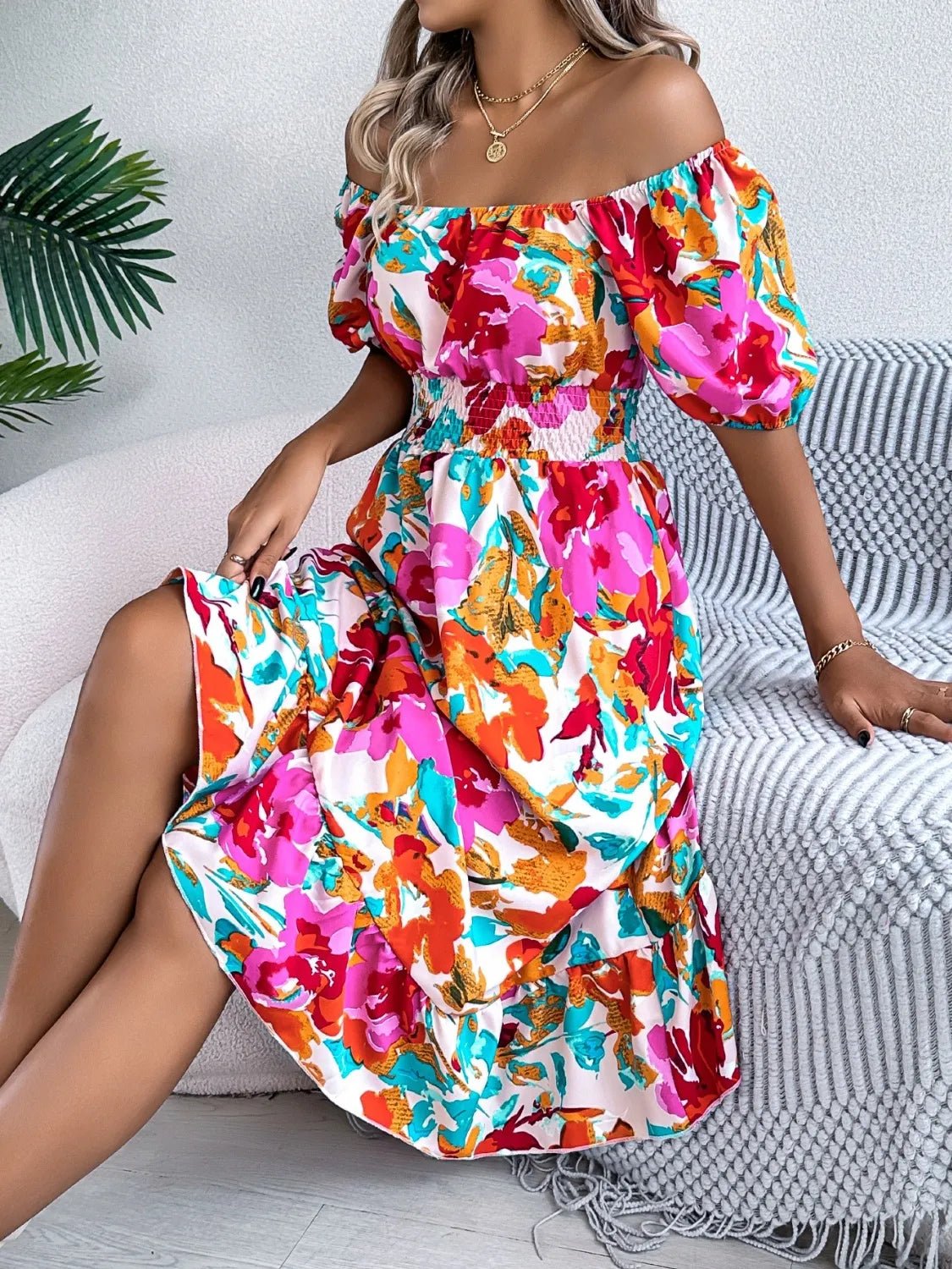 Ruffled Hem Smocked Floral Short Sleeve Midi Dress - JUST - JEN BOUTIQUE