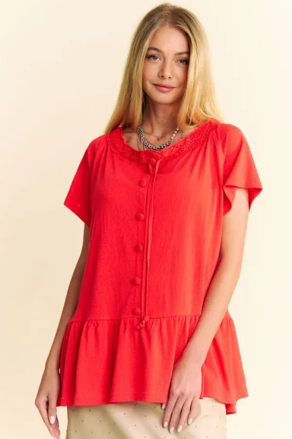 Davi & Dani Solid Lace Trim Neck Short Sleeve Peplum Top - JUST - JEN BOUTIQUE