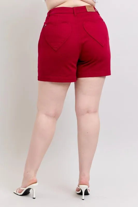 Judy Blue Full Size High Waist Tummy Control Garment Dyed Heart Shaped Denim Shorts Plus Size - JUST - JEN BOUTIQUE