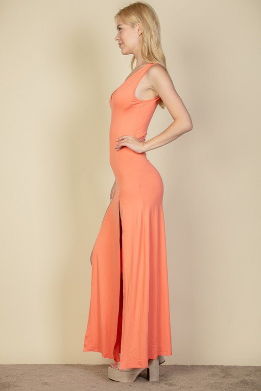 Plunge Neck Thigh Split Dress - JUST - JEN BOUTIQUE