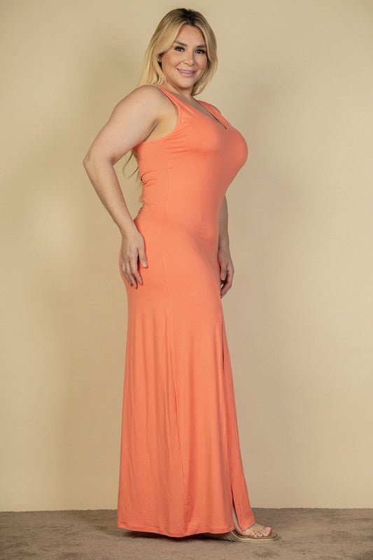 Plus Size Plunge Neck Thigh Split Maxi Dress - JUST - JEN BOUTIQUE