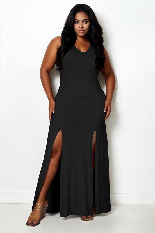 Plus Size Plunge Neck Thigh Split Maxi Dress - JUST - JEN BOUTIQUE