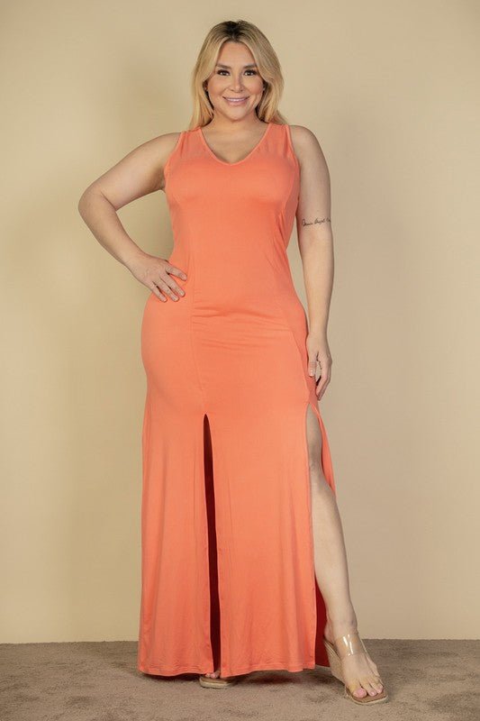 Plus Size Plunge Neck Thigh Split Maxi Dress - JUST - JEN BOUTIQUE