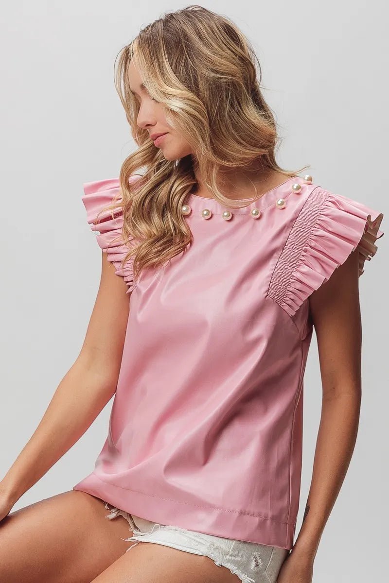 BiBi Leather Smocked Ruffled Top - JUST - JEN BOUTIQUE