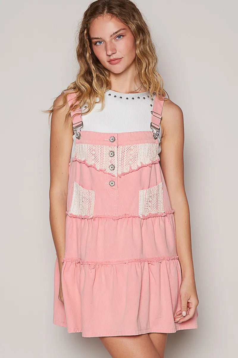 POL Lace Patchwork Detail Denim Overall Dress - JUST - JEN BOUTIQUE