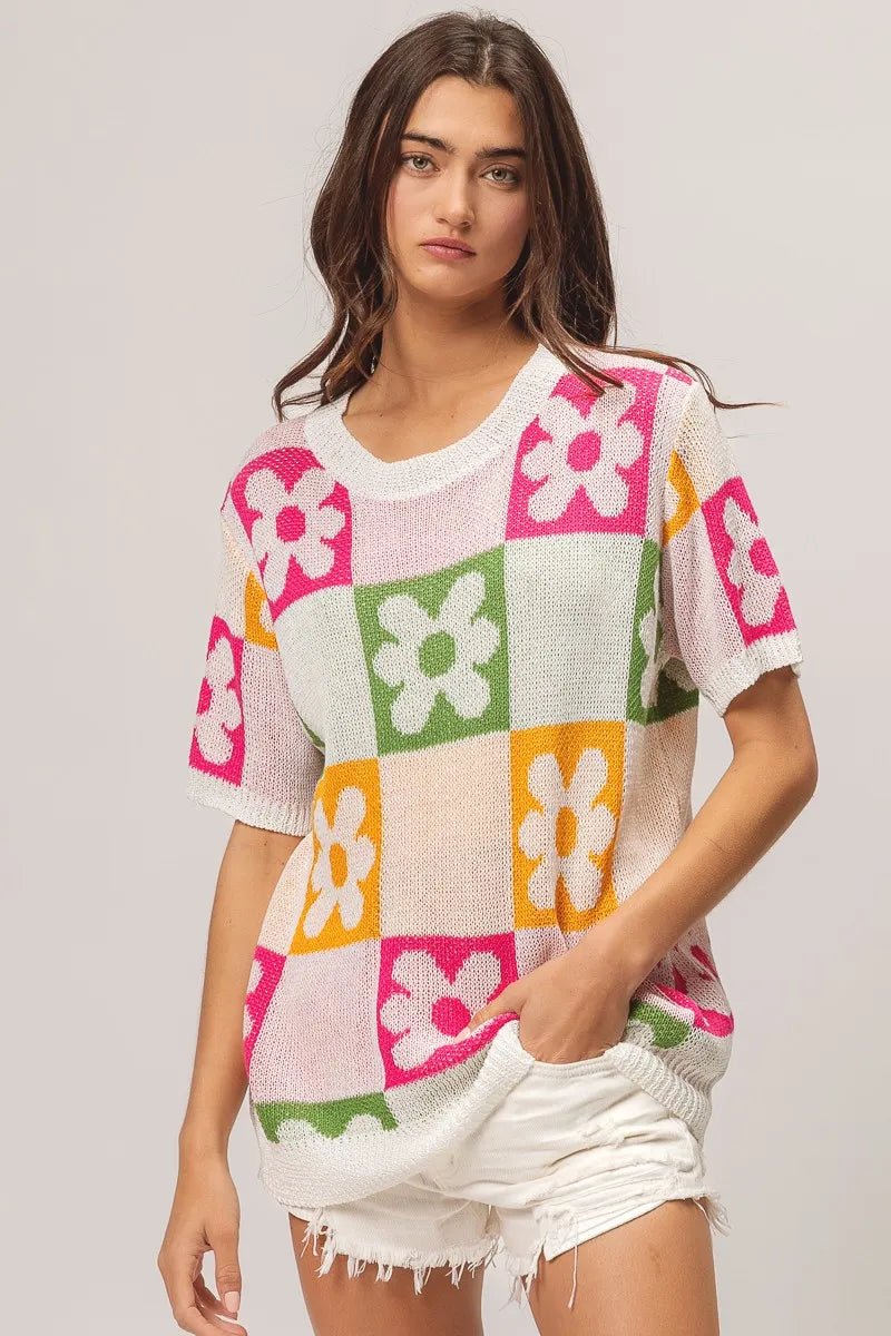 BiBi Flower Checker Pattern Lightweight Sweater Top - JUST - JEN BOUTIQUE